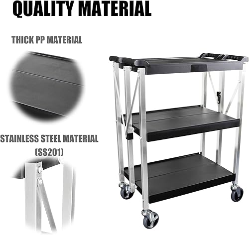 Miniatura 4 de Carrito de servicio plegable, carrito rodante con marco de acero inoxidable de 3 niveles con ruedas giratorias de 360, carrito plegable multiusos de