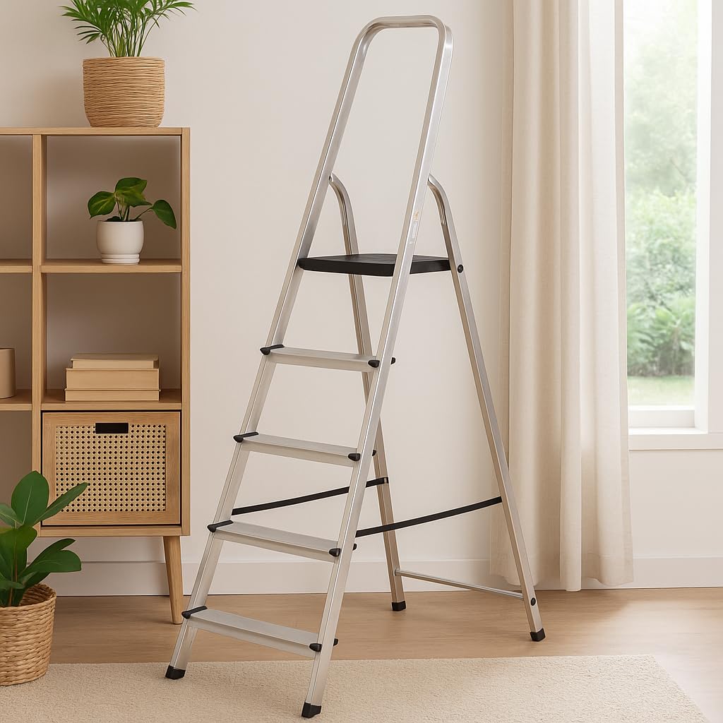 Escalera Plegable de Aluminio, con Barandilla Superior, Pies Antideslizantes, Plataforma de Apoyo, para Uso Doméstico, Peldaños Antideslizantes, Escalera de Tijeras (5 PELDAÑOS)