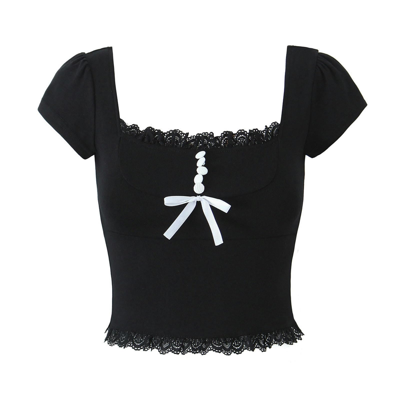 T-shirt tricoté noir L à manches courtes et col dentelle chic pour femme