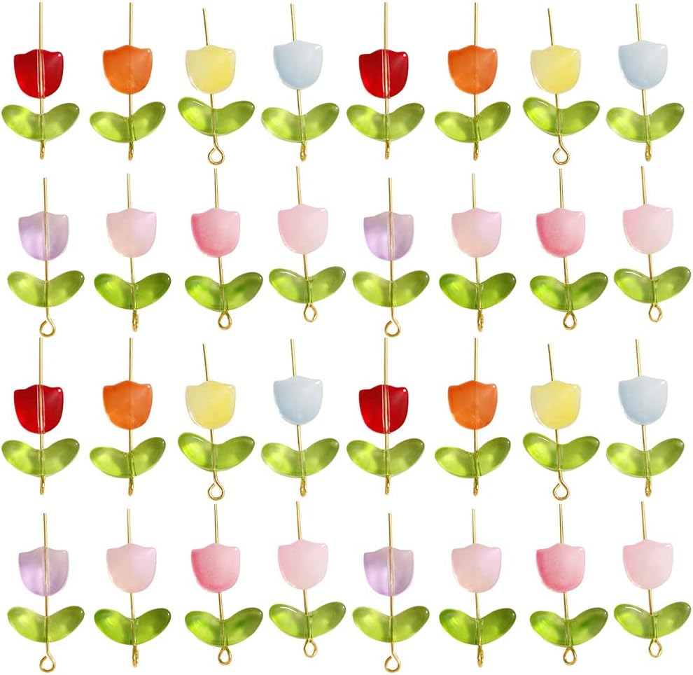 LOGOFUN 200 Pcs Tulip Flower Beads Glass Translucent Bracelet Beads Colorful Handcrafted Crystal Loose Glass Beads for DIY Jewelry Making Mothers Day Gifts (Without Needle) (Pack of 2)