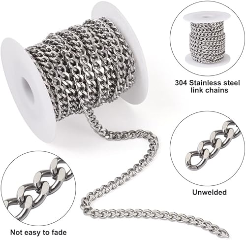 Vista 29 de Mega Pet Cadena de acero inoxidable de 16.4 pies/16.4 ft, color metálico, cadena de eslabones cubanos sin soldar, cadenas de cable facetado, cadena