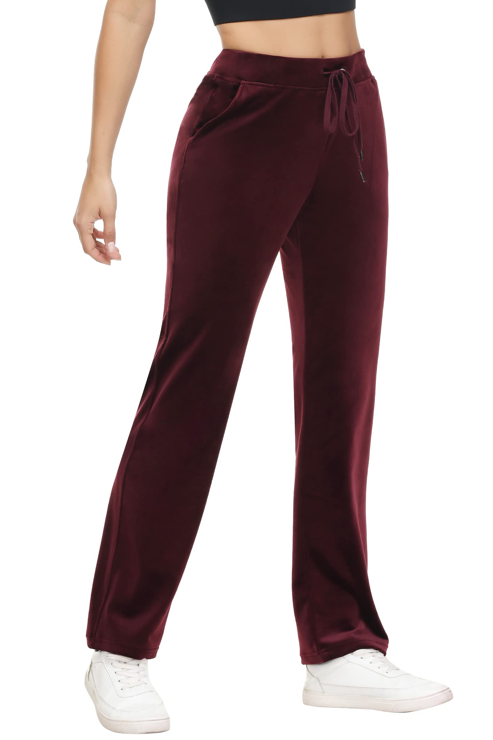 COZZIPLUS Women Velour Pant,Soft Velvet Sweatpant for Women, Straight Leg High Waist Velour Lounge Pant with Pockets, Wine, XL