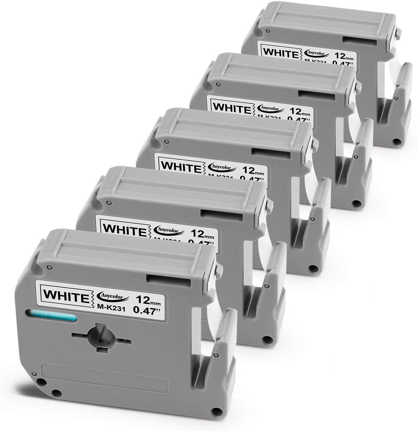 AnycolorCompatible Label Tape Replacement for Brother P-touch M Tape M231 MK231 M-K231 Work with Brother Ptouch PT-M95 PT-90 PT70 PT-65 PT85, 0.47 Inch (12mm) x 26.2 Feet (8m), Black on White, 5-Pack