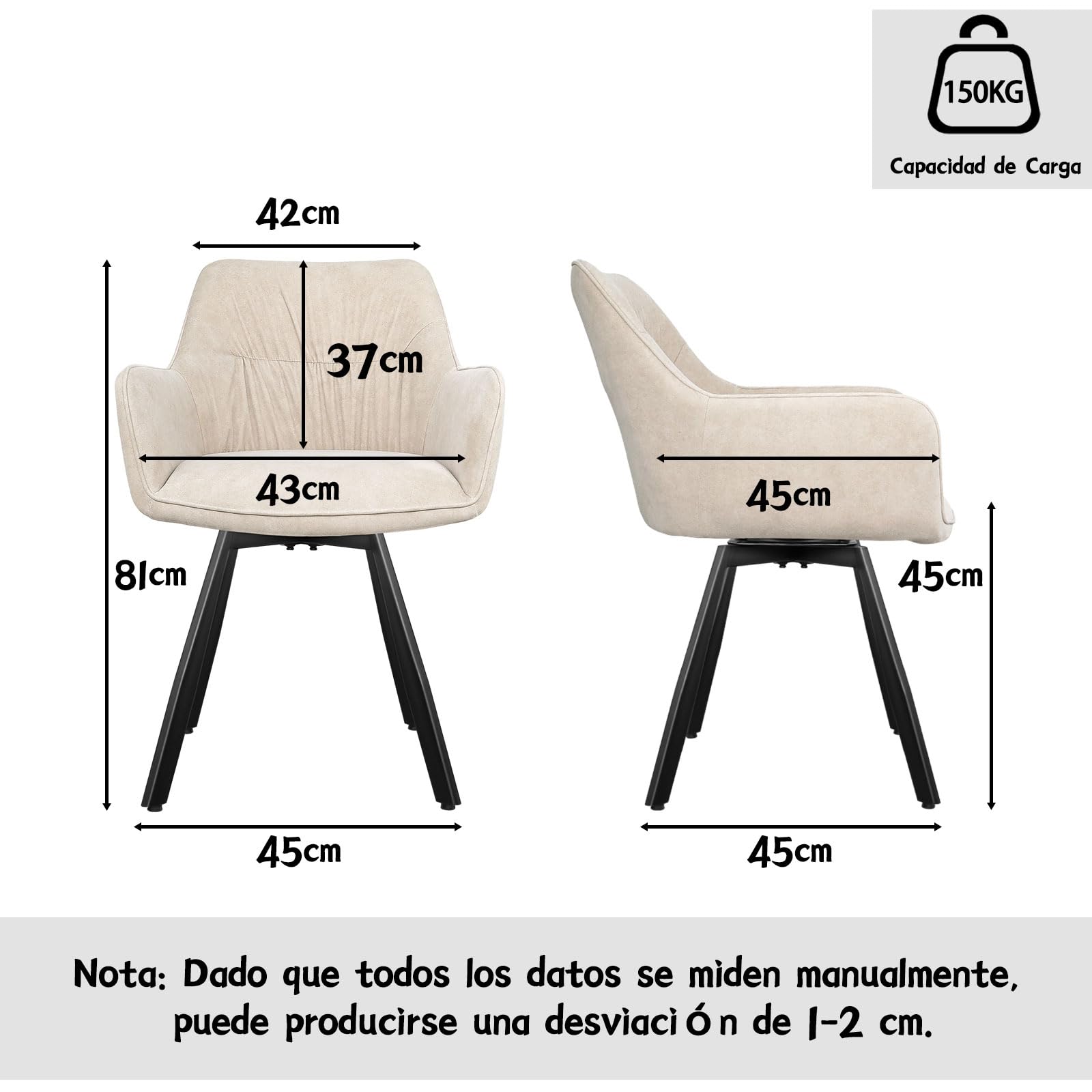 LEWE Sillas Comedor Pack 4 Giratoria 360°, Reposabrazos y Respaldo, Caqui | Asiento 7 cm, Tejido de Pelo Corto, Patas de Metal, Capacidad de carga 150 kg, Montaje fácil, para Comedor, Salón, Cocina