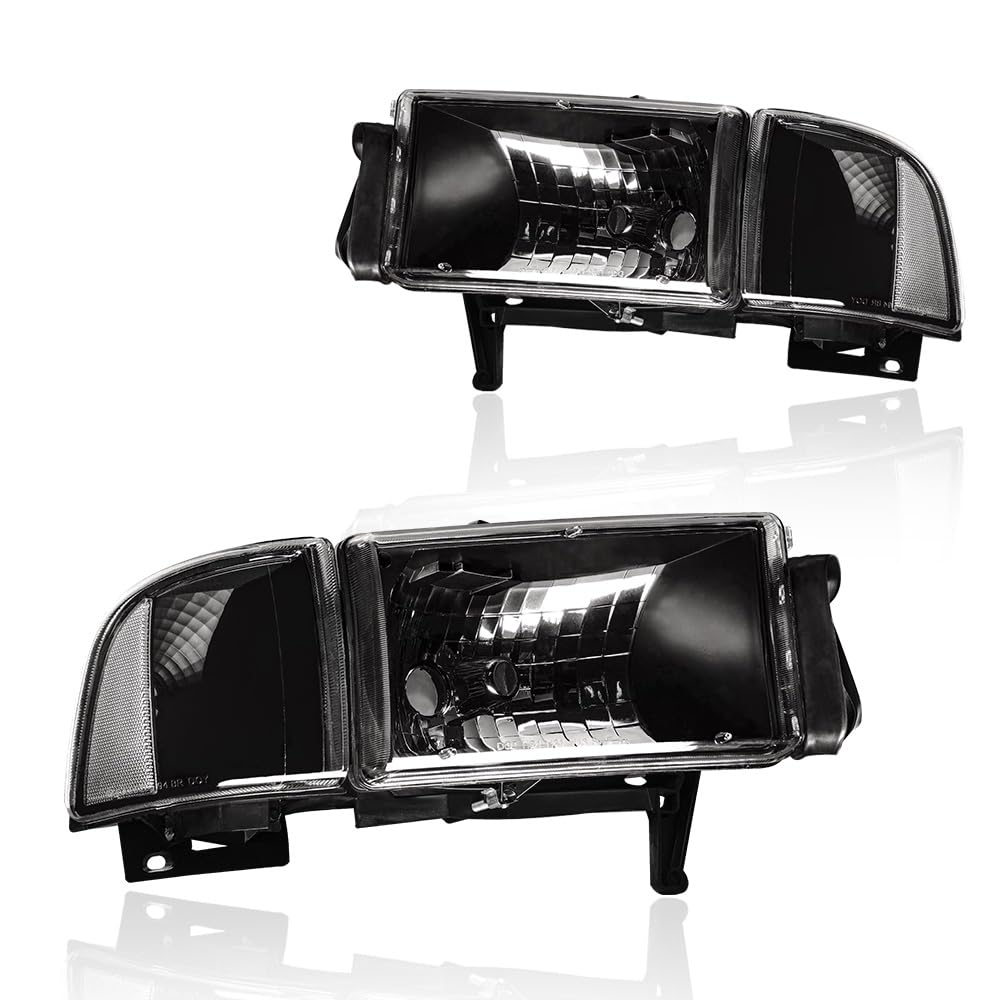 Headlight Assembly, Headlights Kit Compatible with 1994-2001 Dodge Ram 1500/1994-2002 Ram 2500 3500(DON'T Fit SPORT Models or Ram VAN Models) Replacement Headlamp Black Housing Clear Reflector