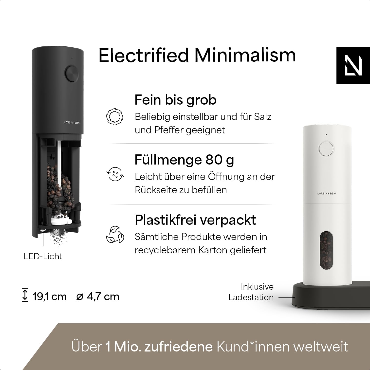 LARS NYSØM Salz und Pfeffermühlen Elektrisch Set I Keramikmahlwerk fein bis grob I USB Wiederaufladbar mit Ladestation I Automatische Salz und Pfefferstreuer I Gewürzmühlen Set (Black/White)