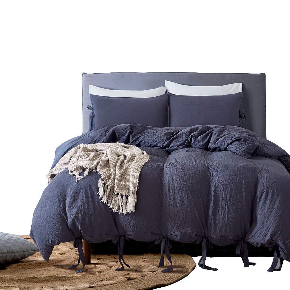 DREFEEL Egyptian Quality Vibrant Stone Washed Microfiber Dark Grey Close to Navy Duvet Cover King Size 3 Pcs Set (1 Duvet Cover, 2 Pillowcase) - Soft Comforter Cover Quilt Case - Solid Bedding