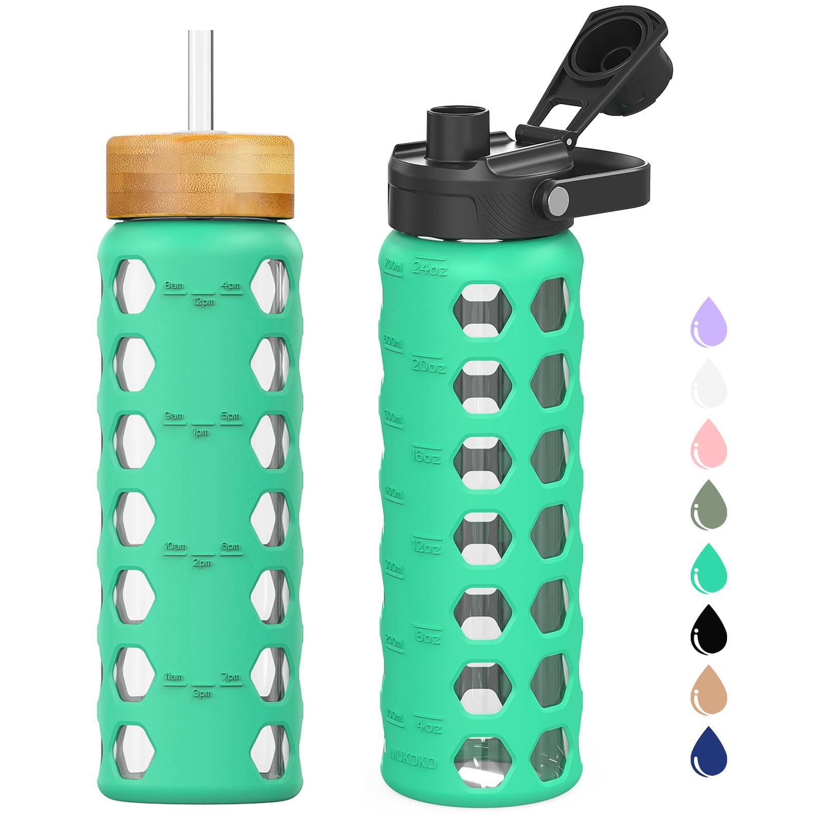 MUKOKO Glass Water Bottles, 24oz Glass Tumbler with Straw, Drinking Bottles with 2 Lids-Handle Spout Lid&Bamboo Straw Lid, Motivational Water Bottle