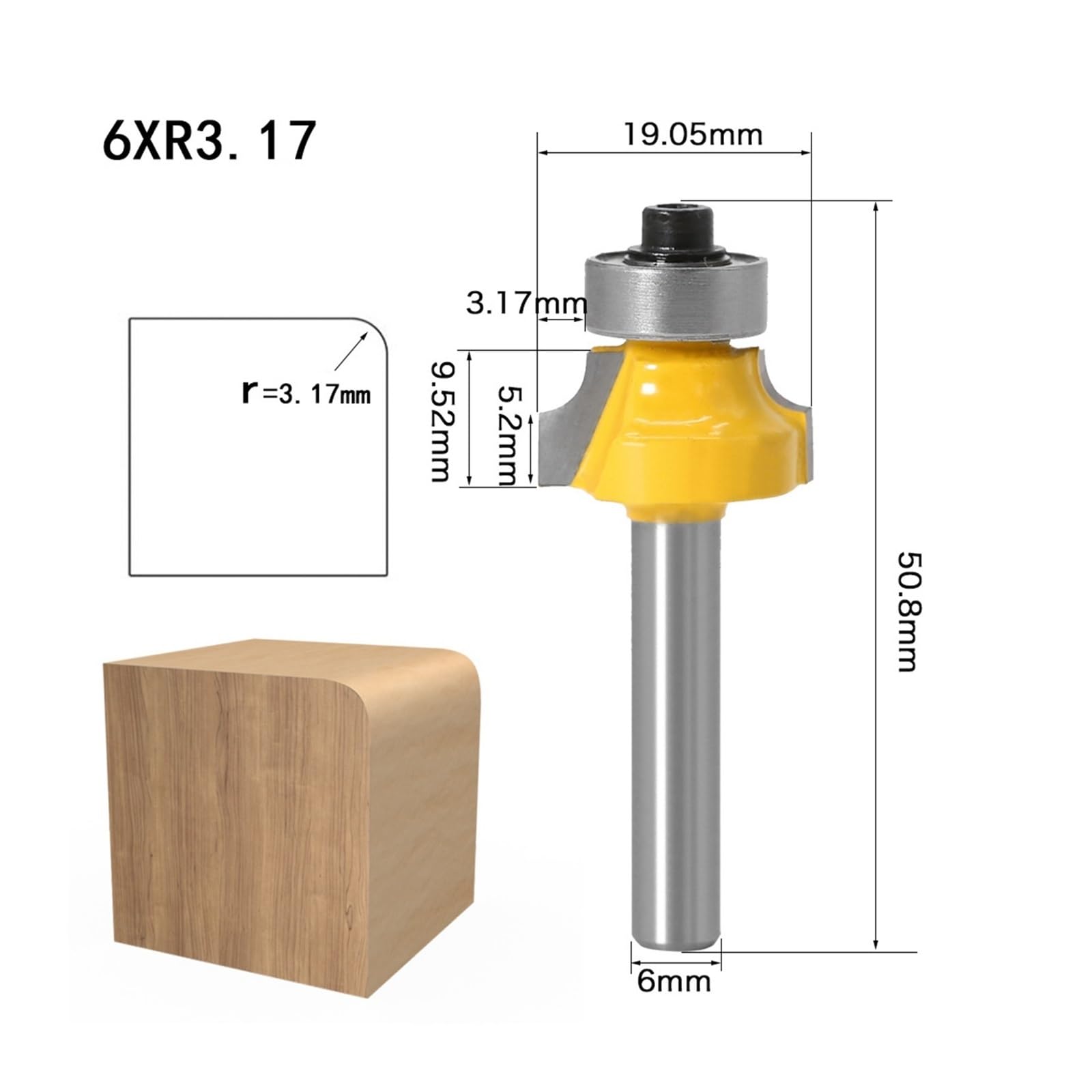 1 pieza de broca de enrutador redonda de esquina de vástago de 6mm con fresa de rodamiento for carpintería de madera de carburo de tungsteno(4PCS 6mm)