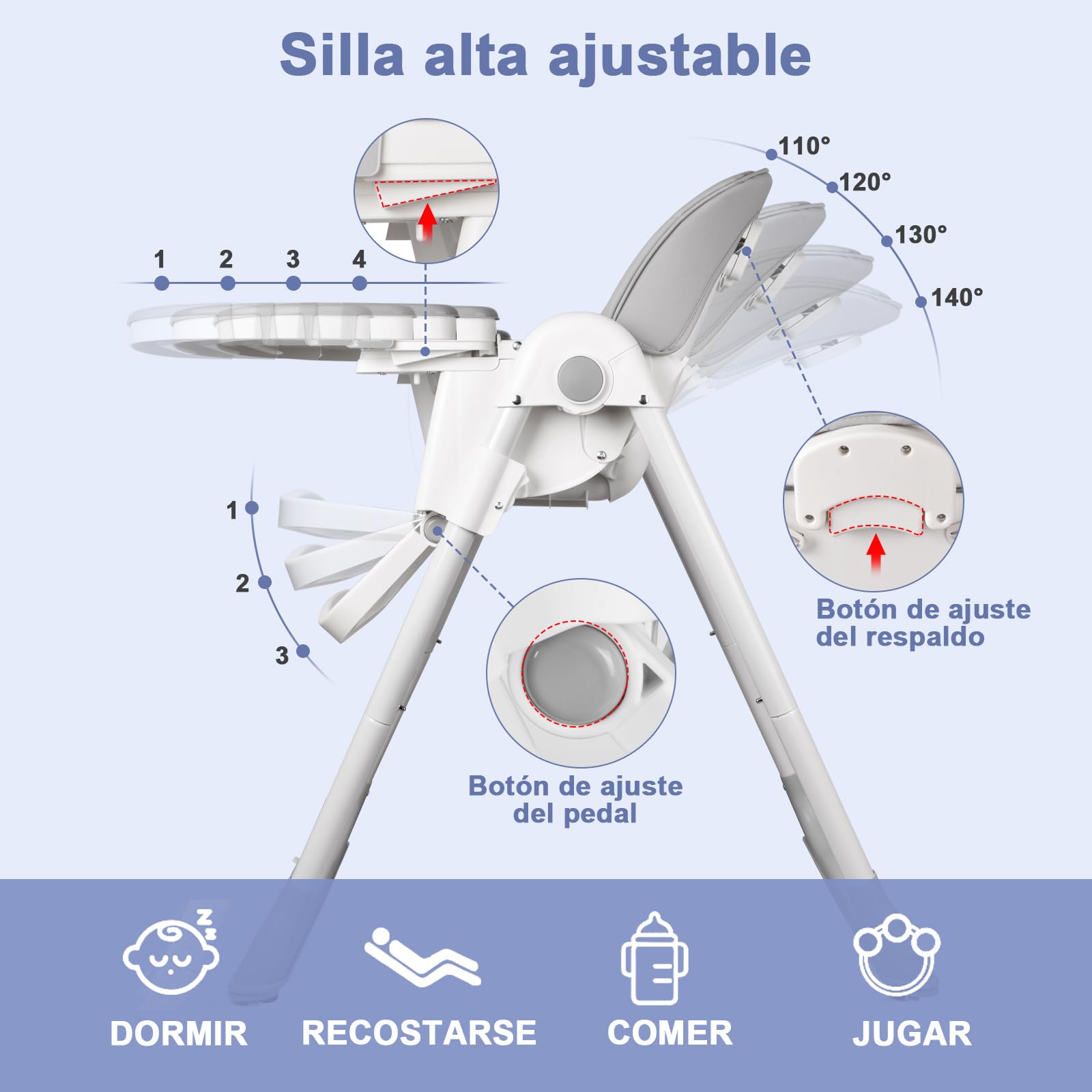 Trona Bebé Evolutiva, Trona para Bebe Ajustable y Reclinable, Plegable con Tabla de Comedor, De 6 a 36 meses, Gris