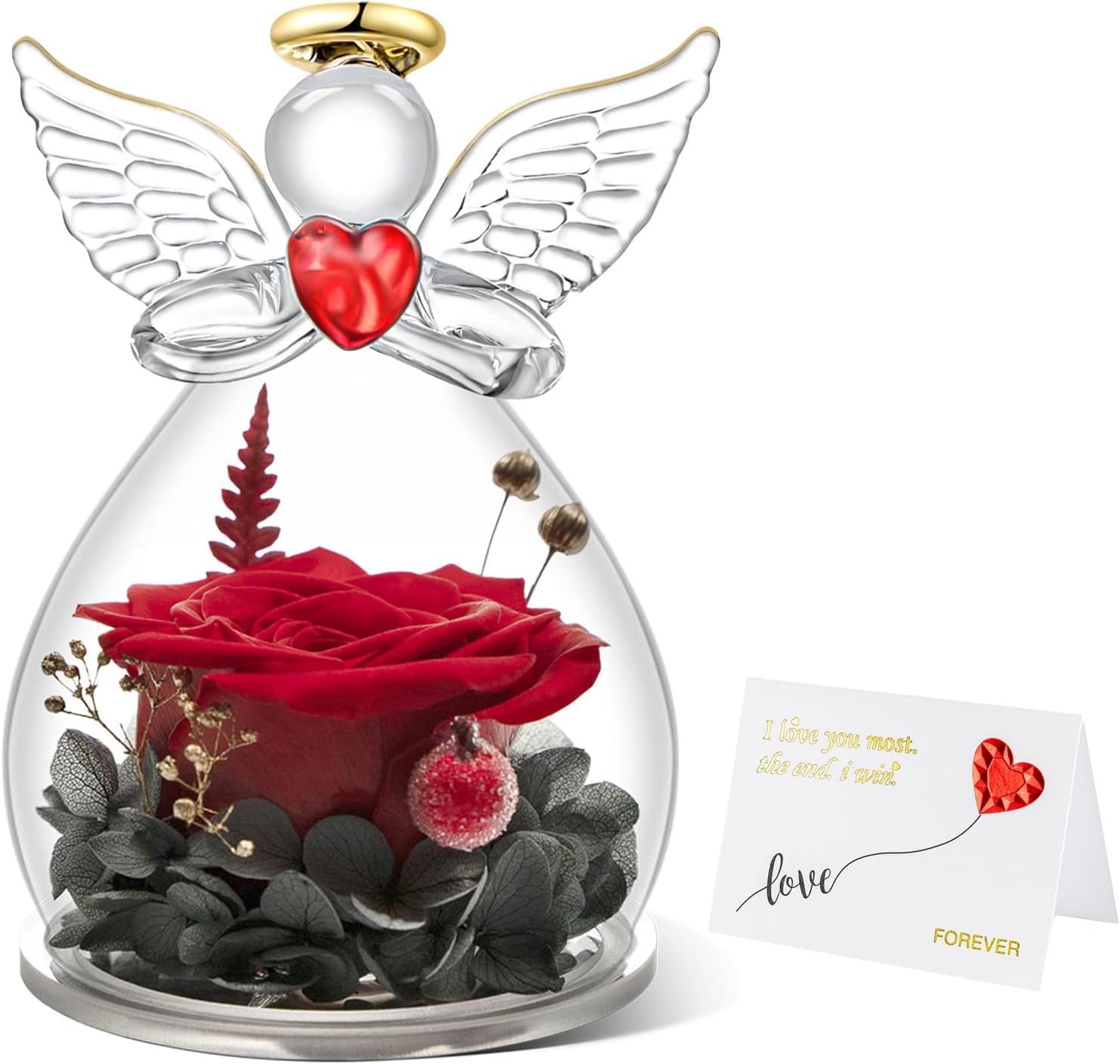 Rosa Preservada en Ángel Figuras Regalos para Mamá, Rosa Eterna en Cúpula de Vidrio Ángel Día de La Madre San Valentín Cumpleaños Aniversario Regalos para Mujeres Mamá Abuela Ángel Decoración