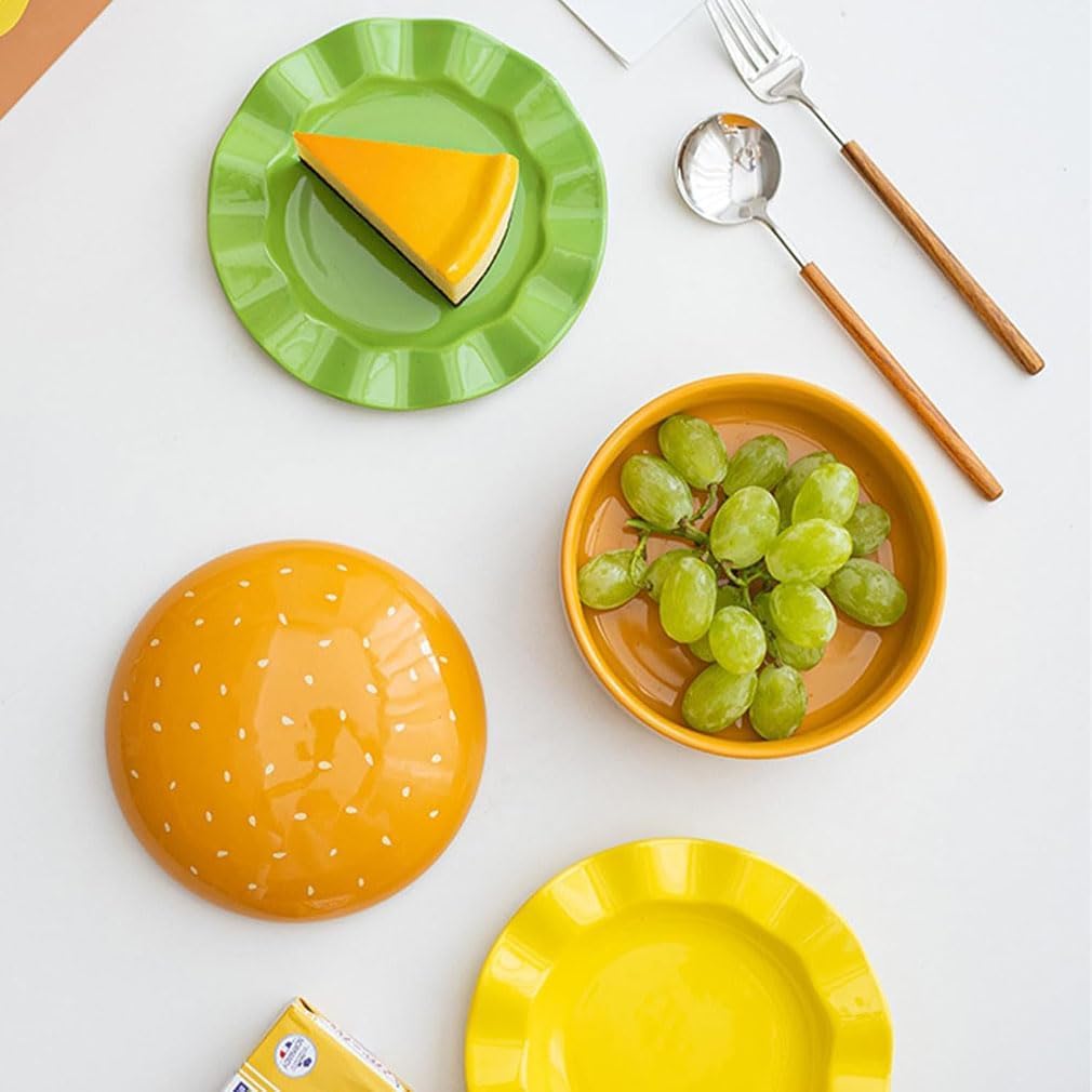 Hamburger-Teller-Set aus Keramik, stapelbar, Burger-Design, Teller mit Schüssel, Untertasse und Deckel für Dessert, Snack, Party und Heimdekoration, lustiges Geschirr für Unterhaltung