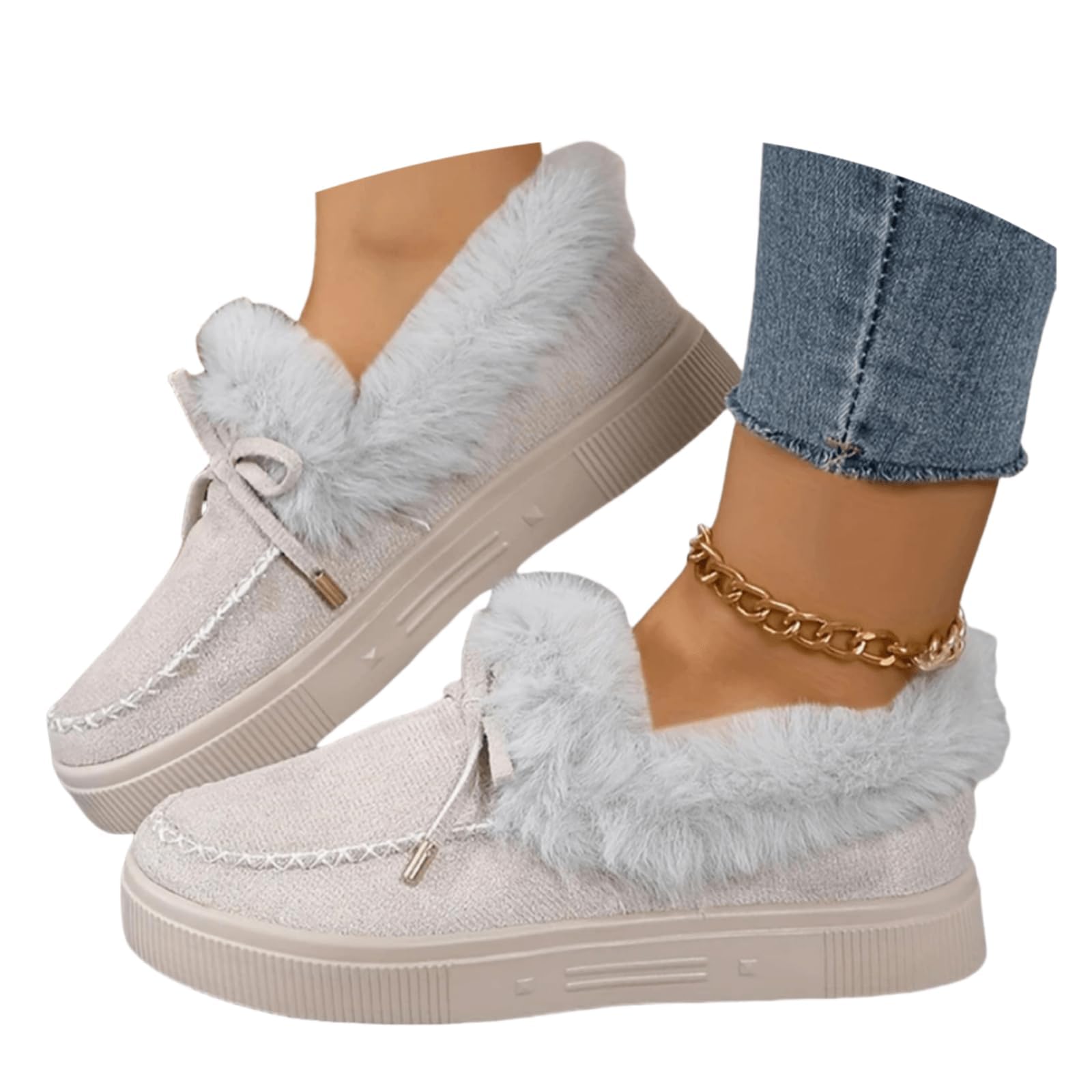 Snow Boots for Women Warm Winter Moccasin Fur Boots Fur Lined Loafers Ankle Snow Boot Winter Loafer Flats