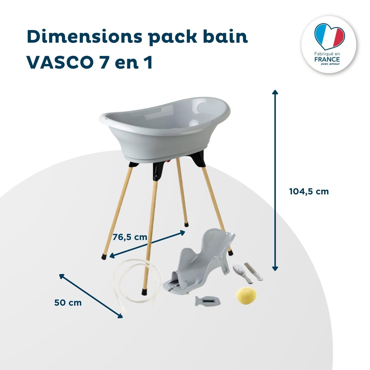 THERMOBABY - Pack Bain Bébé Vasco 7 en 1 Gris - Baignoire + Pied + Vidange + Transat de bain réglable + Thermomètre + Eponge + Brosse et peigne - Fabriqué en France