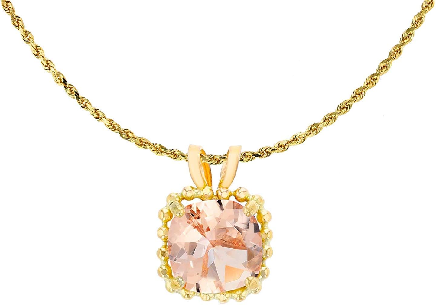Solid 14K Yellow, Whote and Rose Gold 6mm Cushion Cut Genuine or Created Gemstone Birthstone Bead Frame Rabbit Ear 18" Rope Chain Necklace | 14K Gold Gemstone Necklace For Women