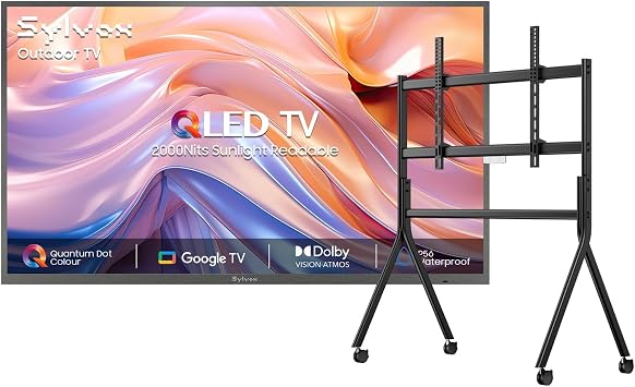 SYLVOX Outdoor TV with Rolling Stand, 65 inch Smart QLED TV, 2000 Nit Full Sun, Weatherproof, 4K UHD, IP56 Waterproof, Commercial Grade 2026 Model