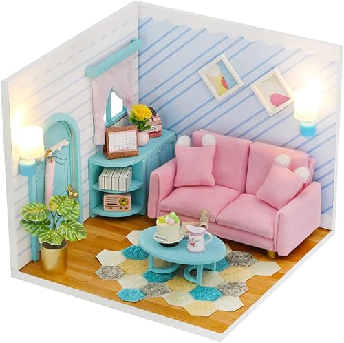 Kisoy Casa de muñecas en miniatura con kit de muebles, kit de casa de madera 3D DIY una esquina de un pequeño estilo de apartamento con cubierta