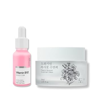 Pink Recharge Duo - The Potions Vitamin B12 Ampoule & House of Dohwa Peach Blossom Overnight Mask for Nighttime Hydration and Skin Energy Boost, Korean Skincare Set for Dry and Tired Skin