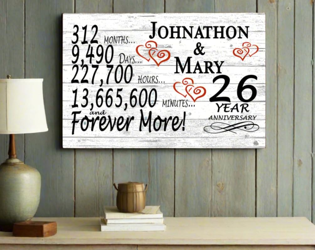 Personalized 26 Year Anniversary Sign Gift 26th Wedding Anniversary Present For Couple Days Minutes Years - Solid Wood - 16.5in x 10.5in x .75in (26 Year)