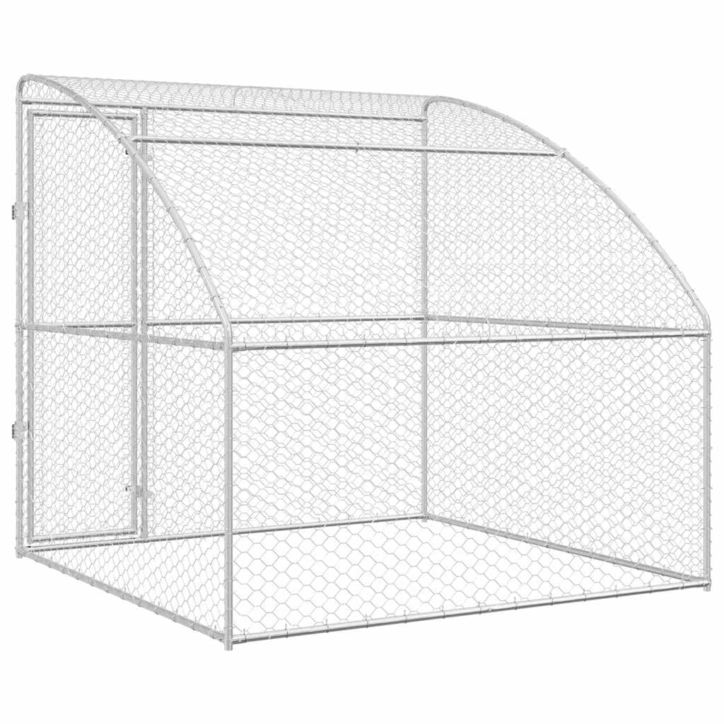 Klatka dla psa z miejscem do przechowywania, srebrna z ocynkowanej stali, 2 x 2 x 2 m, bezpieczna karma dla psów z siatkowym dachem, do ogrodu i na zewnątrz, zamykany system ryglujący