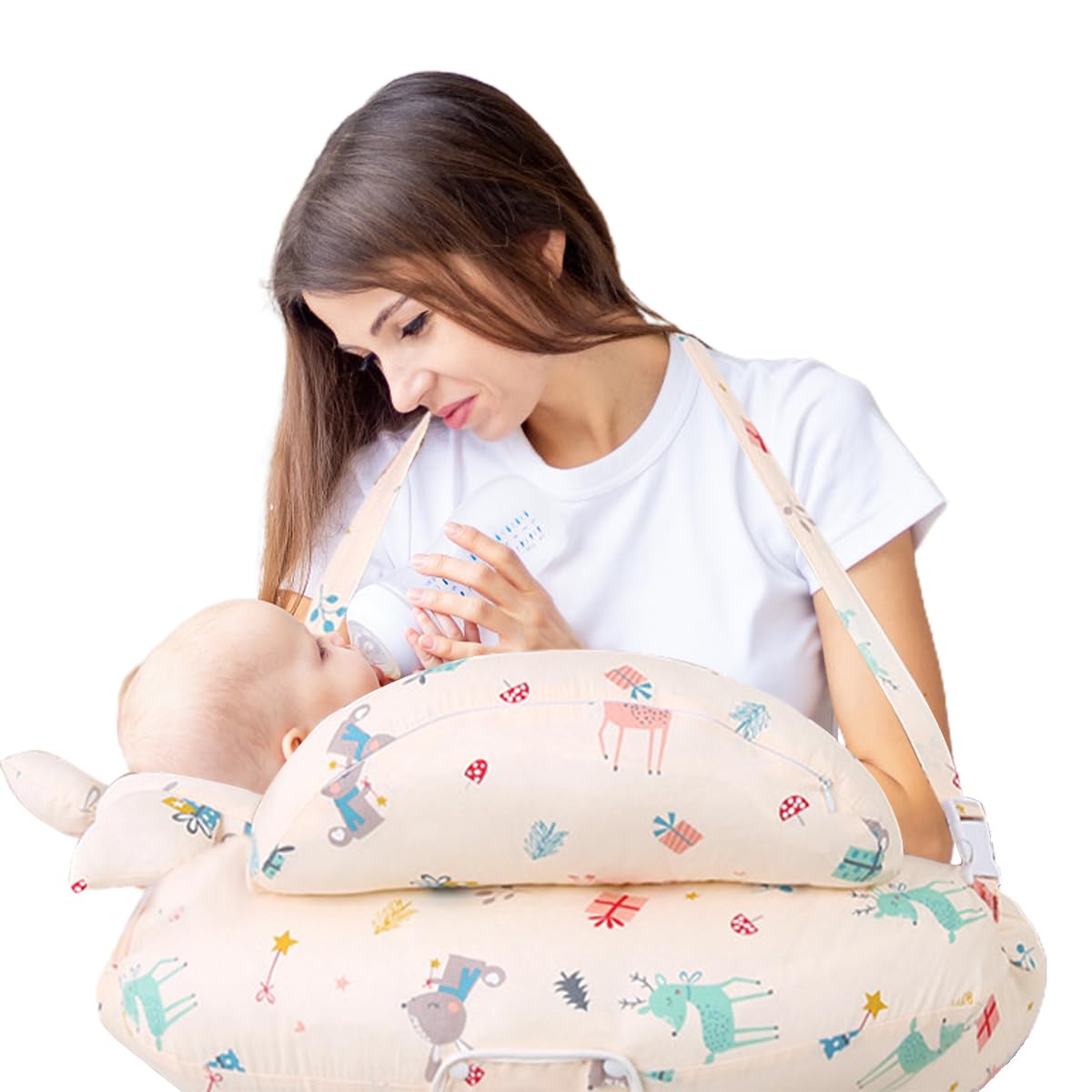 Azulmart Nursing Pillow for Breastfeeding Bottle Feeding, Mom & Baby Ergonomic Feeding Pillow with Newborn Head Cushion, Chilling Home Nursing Pillow with Adjustable Waist Strap Removable Cotton Cover