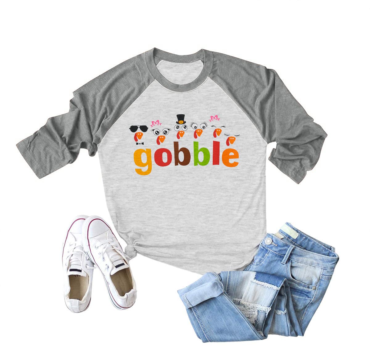 Gobble Tshirt for Women Funny Thankful Turkey Face Shirt Colourful Thanksgiving Tee Shirts 3/4 Sleeve Tee Tops