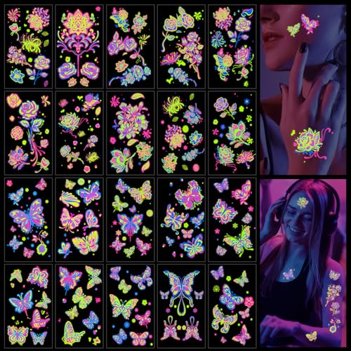 Qpout 20 Feuilles Brillent Dans Les Tatouages Temporaires Néon UV Fleurs Papillon Fluorescence UV Flash Faux Tatouage Autocollants pour Femmes Filles Visage...
