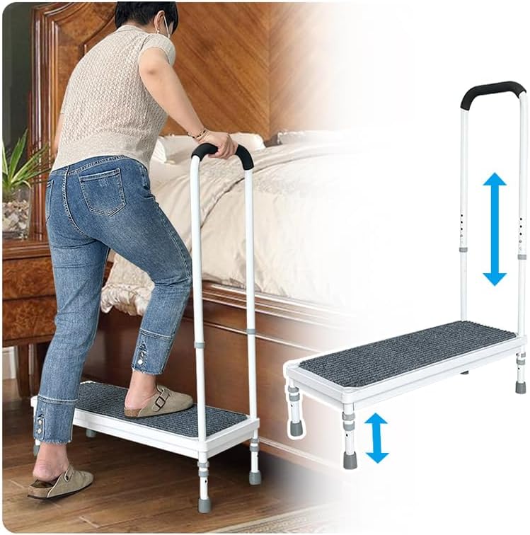 AOSSA Medical Step Stool with Handle for Elderly, Heavy Duty Adjustable Bedside Stepping Stool for Adults, Wide Step Platform with Handrail, Bed Grab Bar for Seniors High Beds Stairs