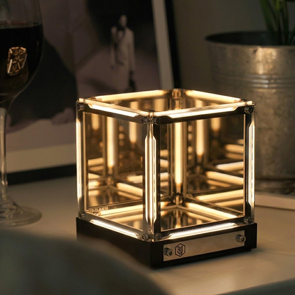 Specchio luce notturna – 4D acrilico cubo lampada da comodino LED effetto Abyss touch dimmerabile luce d'atmosfera ricaricabile USB-C gamer decorazione scrivania futuristica per (Dorato)