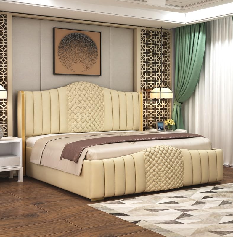 Image of Aesthetic crafts Hydraulic Bed Queen Size with Storage, Sheesham Wood Upholstered Wooden Double Bed, Queen Size Bed with Hydraulic Storage, Modern Platform Cot for Bedroom & Hotels, 6.5 x 5 Ft, Cream