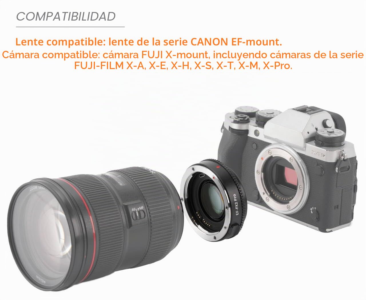 EF-FX2 Pro - Adaptador de Lente de Enfoque automático Compatible con Canon EF Lente a cámara X-Mount Fuji-Film x-a1/2/3/5/10/20, x-t1/2/3/10/20/100, x-e1/2/3, x-pro1/2, x-h1