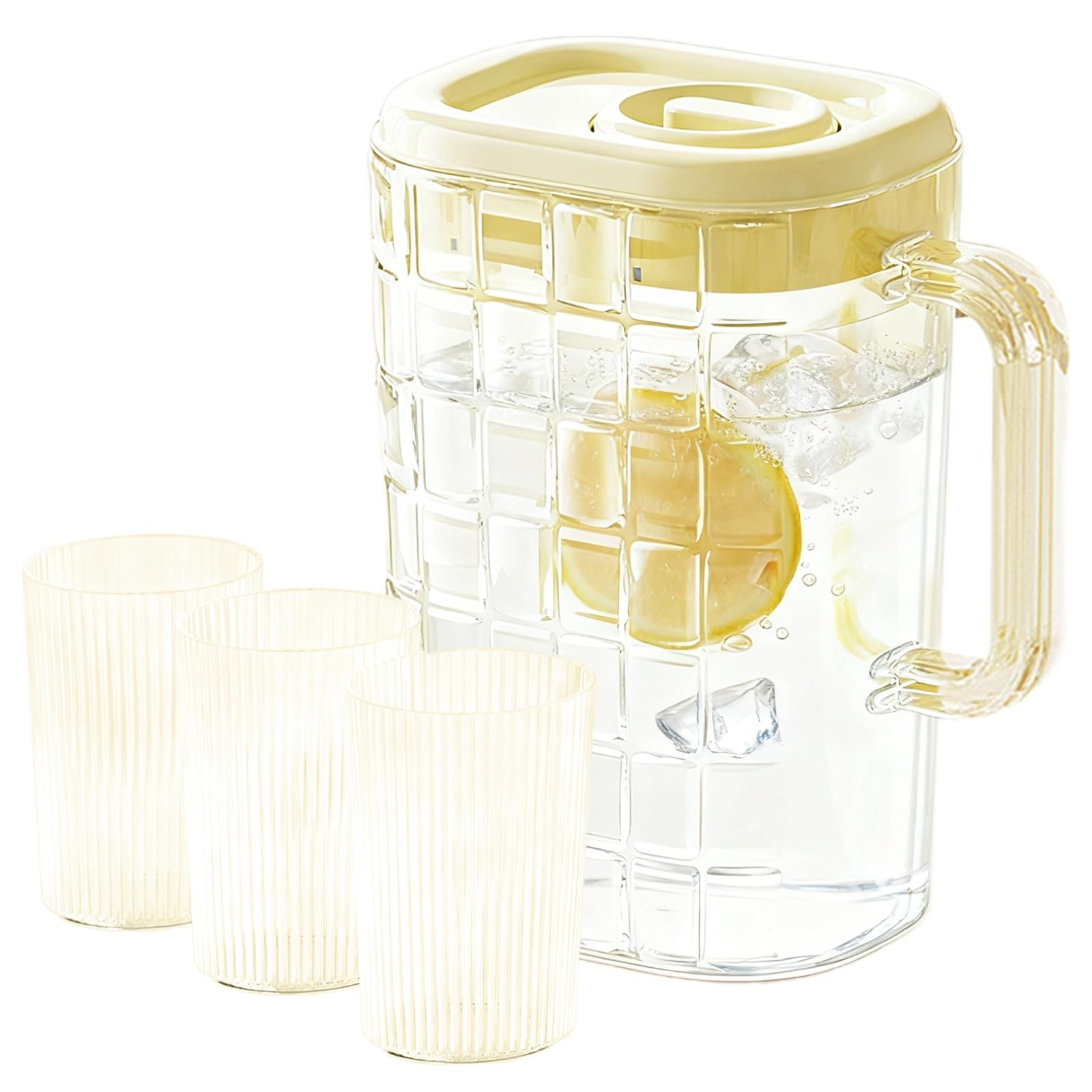 4 Stk. Kunststoffkrug mit 3 Gläsern, Kühlschrankkanne mit Deckel, leichter Wasserkrug mit Gittermuster, Krug mit weiter Öffnung für hausgemachten Saft, Getränke