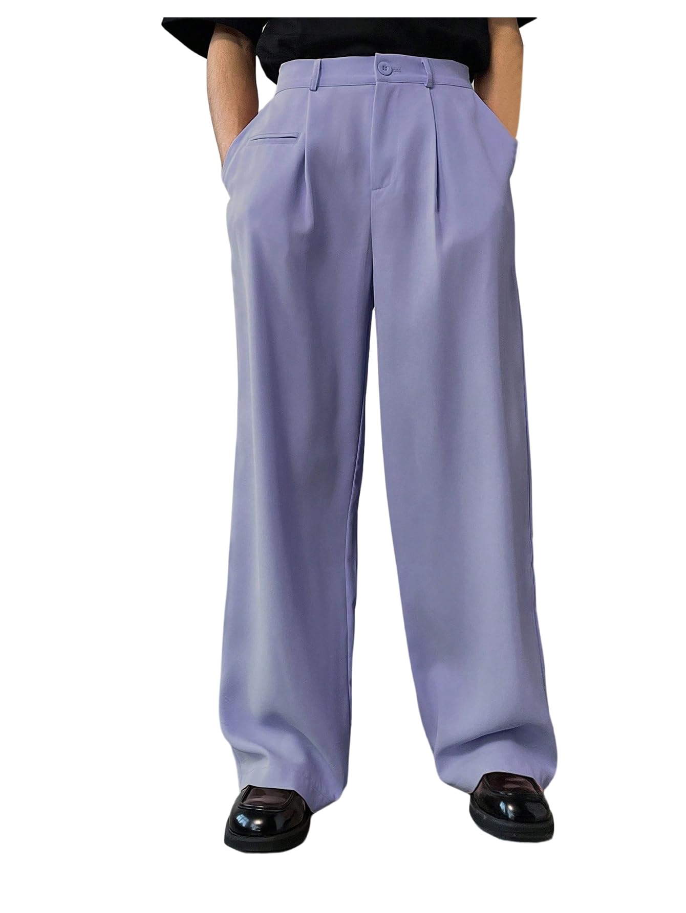 SHENHE Mens Pleated Low Waist Wide Leg Suit Pants Casual Dress Wide Leg Loose Long Pants with Pocket