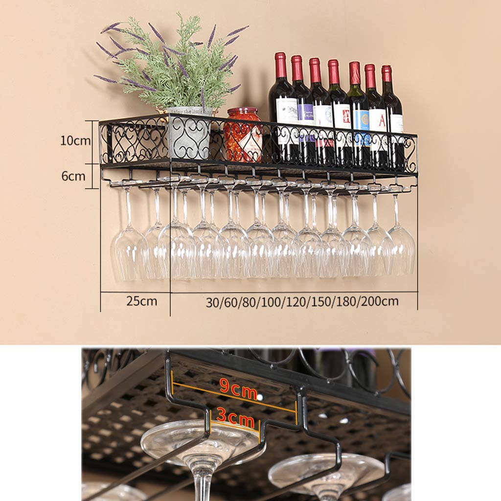 Houten wijnrek met glazen houder, retro bar plank wand wijnfleshouder industrieel wijnrek muur metalen wijnkast wijnglashouder voor bar thuis keuken eetkamer decoratie (61 cm