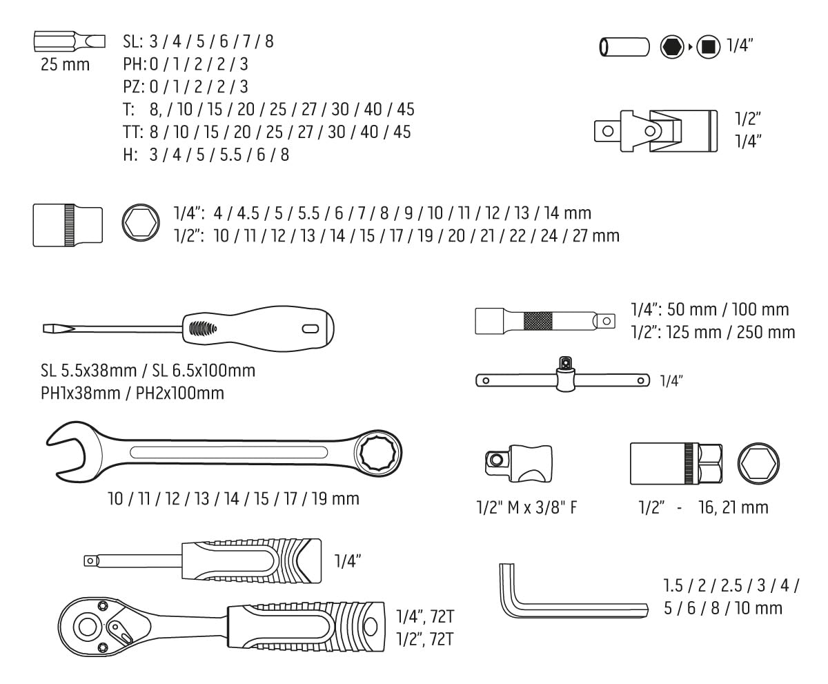 NEO TOOLS Set di Chiavi 100 Pezzi 1/2 ", 1/4" In Una Custodia | Chiavi A Bussola, Cacciaviti, Chiavi A Brugola, Cricchetto | Kit Completo Per Officina, Garage, Fai Da Te