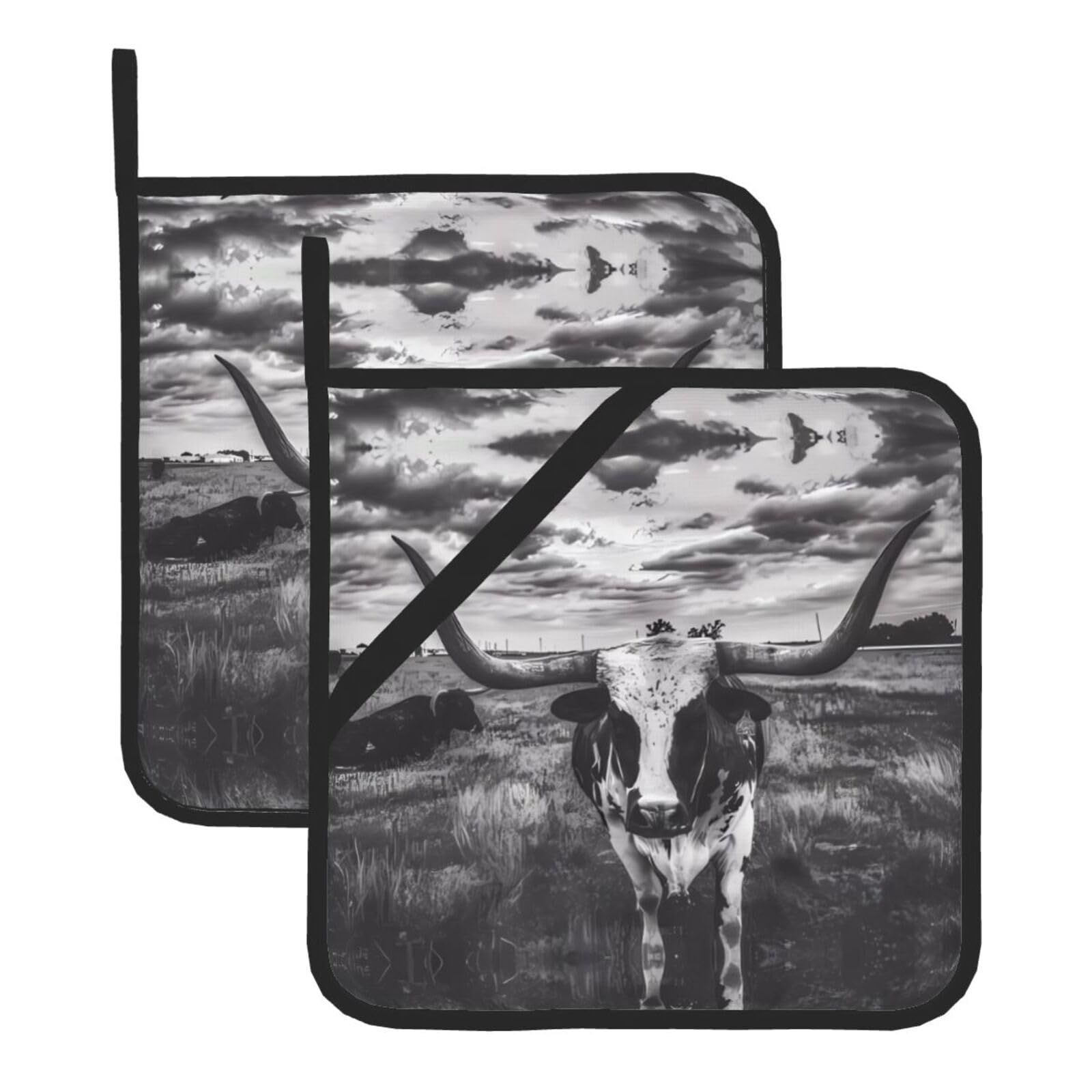 YYHHAOFA Black and White Cow Prints Square Hot Pot Pads - Waterproof Kitchen Throw Layers for Countertop, Oven & Grill - Durable Heat Resistant Pads with Hanging Loop (2-Pack)