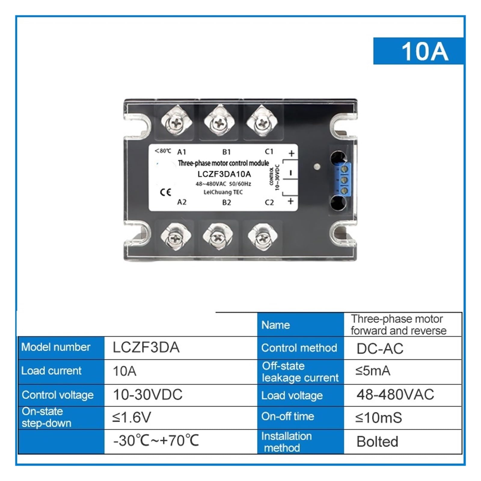 Relé de Estado sólido trifásico, relé de Control de Avance y Retroceso, arrancador de Motor de CC, 10 A, 25 A, 40 A, 60 A, 80 A, 10-30 V CC, 40-480 V CA(10A)
