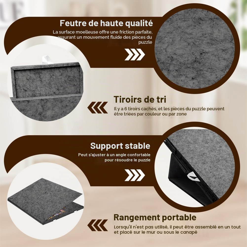 Table de Puzzle inclinable Gris foncé, Planche à Puzzle Portable avec 6 tiroirs, Support et Couverture, Plateau de Puzzle en Feutre Super léger, Accessoires de Puzzle Jigsaw jusqu'à 1000 pièces
