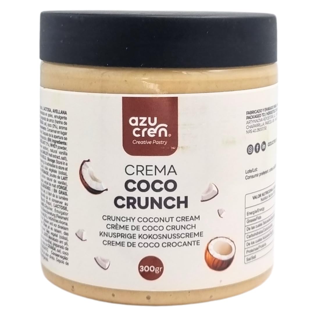 Azucren, Crema de Coco para Untar con Crujiente de Avellana, Crema para Rellenar Tartas, Perfecta para Combinar con tus Desayunos, Meriendas y Aperitivos, Prepara Helados con Coco Crujiente, 300 G
