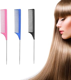 3 Pack Rat Tail Combs for Pintail Hair Parting & Teasing, Heat Resistant Carbon Fiber Fine Tooth Comb with Stainless Steel Handle Pin (Black, Blue & Pink)