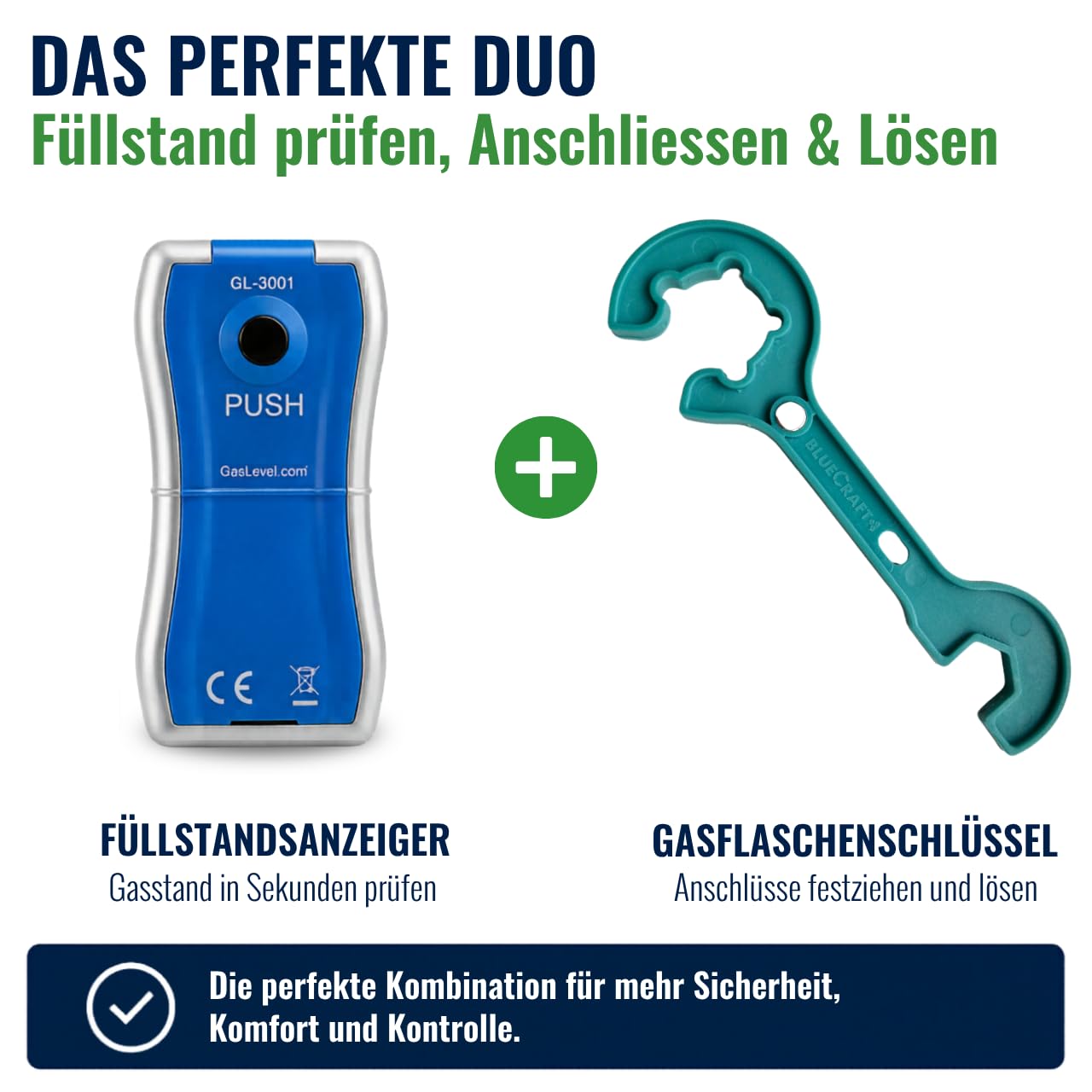 Gasflaschen Füllstandsanzeiger mit Ultraschallsensor & Gasreglerlöser | Für 2,5 kg - 33 kg Stahl - & Alugasflaschen, magnetisch, Gasflaschenschlüssel für 1/4"-Überwurfmuttern ideal für Camping