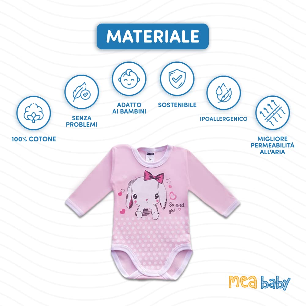 MEA BABY Body per neonati a manica lunga con stampa | 100% cotone | Body per bambine e bambini | Vari colori e stampe divertenti | Multipack da 5 pezzi