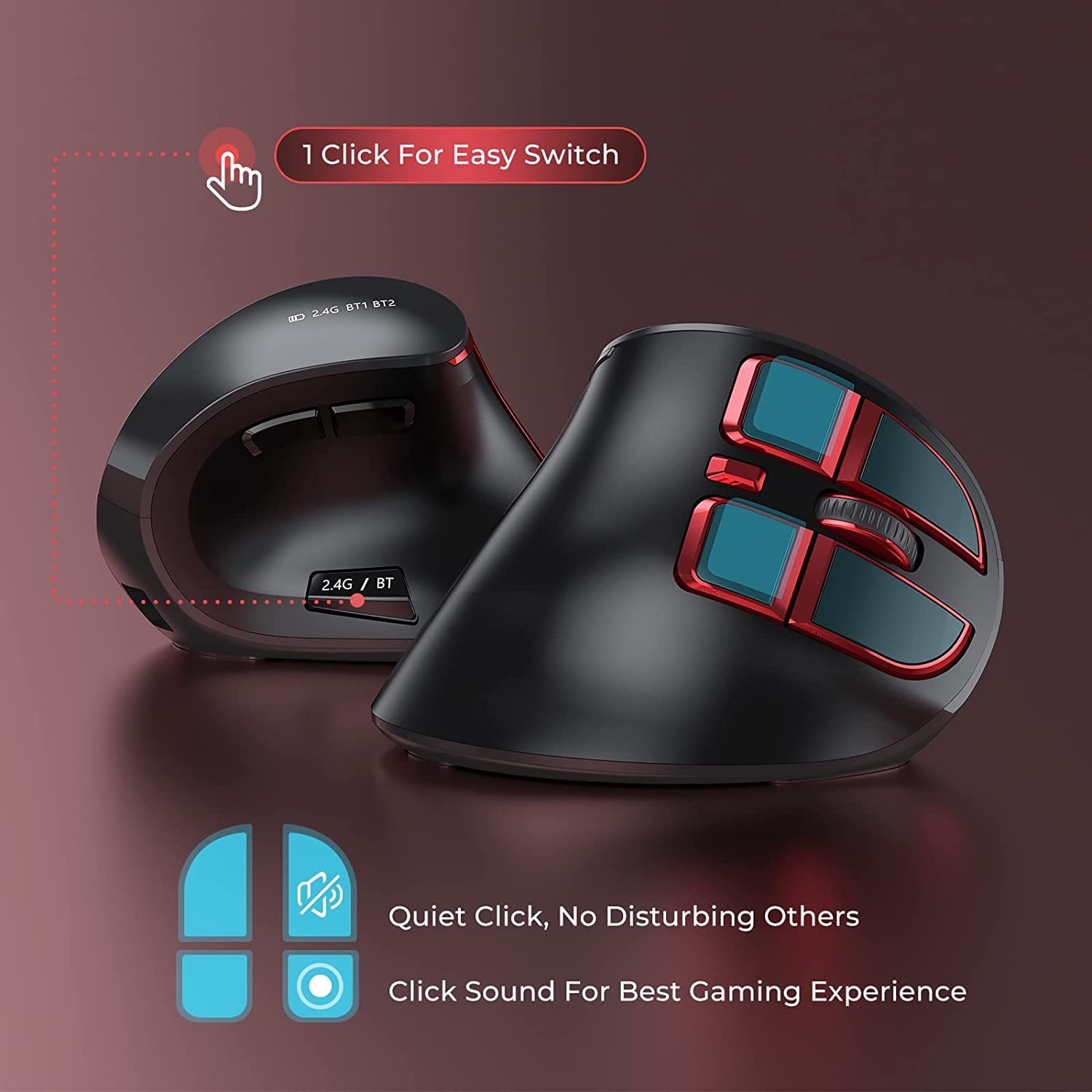Souris sans fil ergonomique verticale (double Bluetooth +2.4 G), souris de jeu rechargeable sans fil multi-périphériques pour ordinateur portable, tablette, Android/iOS), Schwar&rouge