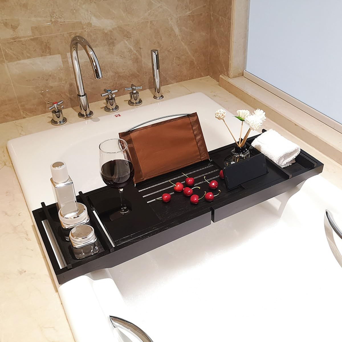 DOCIM Bandeja de Caddy de bañera de bambú, Bandeja de Caddy de bañera de bañera de bambú de Madera con Lados Extensibles construidos,Natural,Single Box
