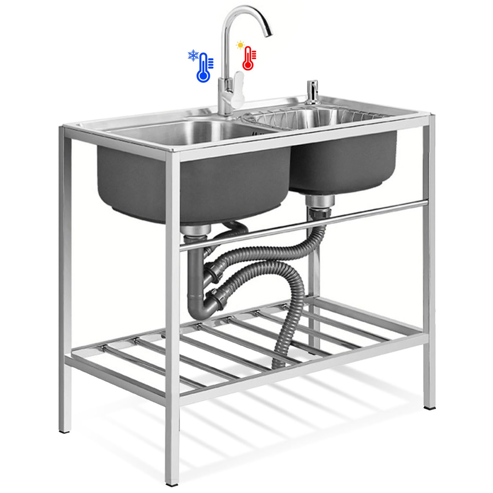 ZQFHSX Freestanding Stainless Steel Utility Sink, 2 Compartment, 82cm L x 45cm W 85cm H, Industrial Style, 4 Hole Grid Drain, Brushed Finish