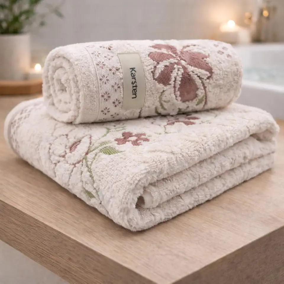 Jogo de Toalhas Banho e Rosto Yuna 100% Algodão Macia Antipilling Barra Floral 2 peças (Tule)