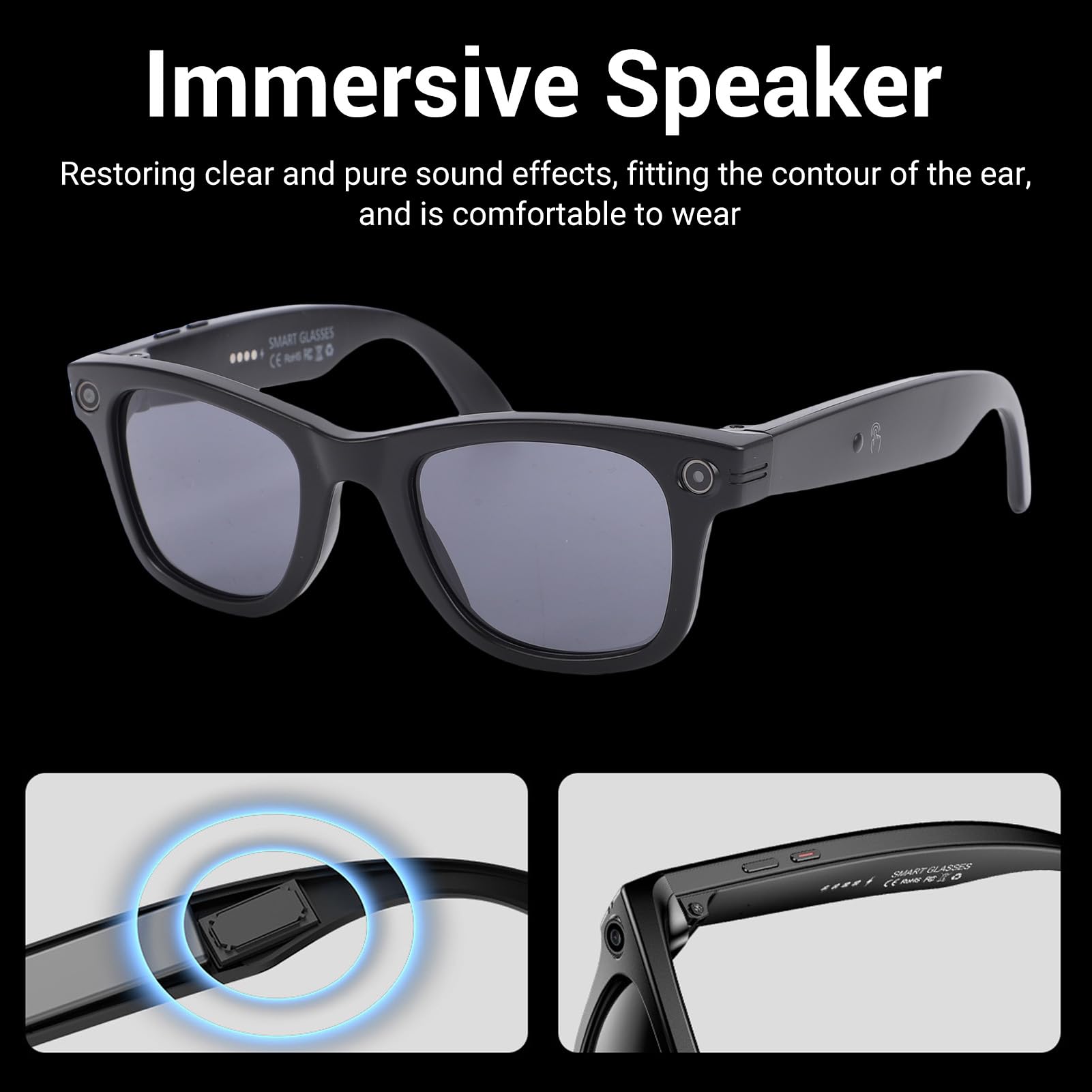 Jectse Lunettes Intelligentes AI, Lunettes Bluetooth avec Caméra HD avec Prise en Charge ChatGPT pour L'enregistrement de Voyage à Vélo en Plein Air, Vidéo 720P 2 Heures de Lecture