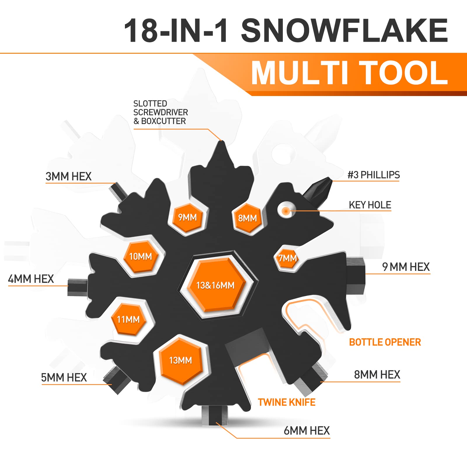 Snowflake Multi-Tool 18-in-1 - Stocking Stuffer Gift For Men, Christmas Tree Decoration, Silver Stainless Steel - View #4