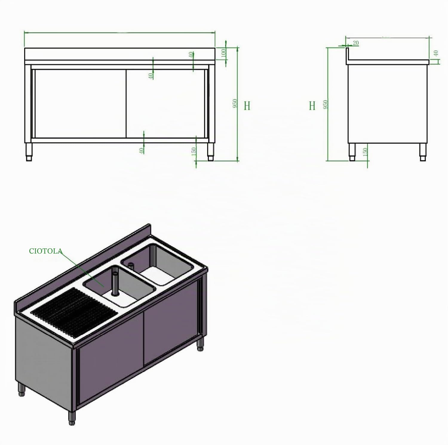 Ristoattrezzature - Lavello in acciaio inox armadiato 200x70x95h cm - 2 vasche con gocciolatoio sx - Per uso professionale