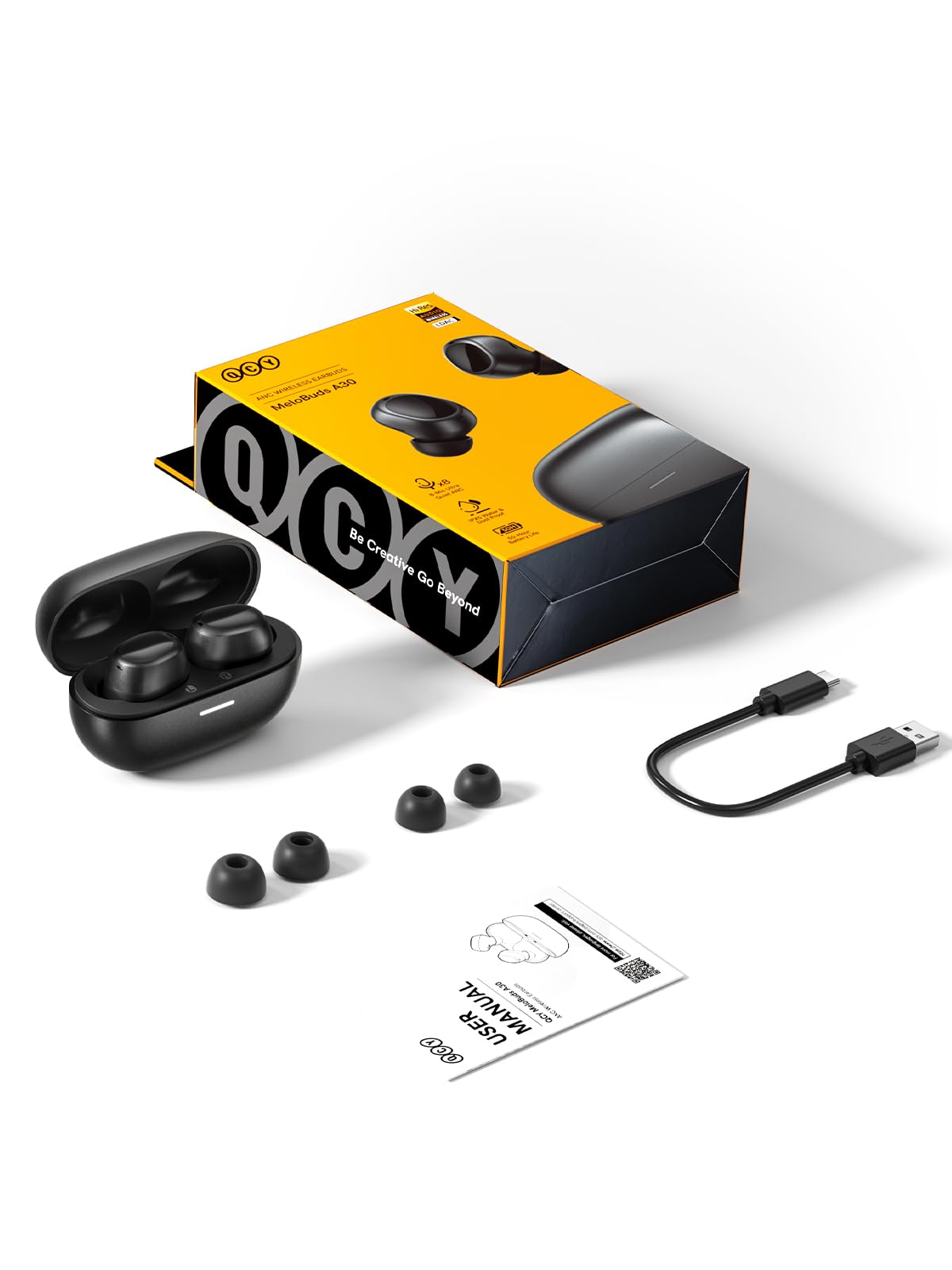 QCY MeloBuds A30 Cuffie Bluetooth Wireless con Cancellazione Attiva del Rumore Adattiva, Cuffie In Ear con ANC -60dB, 8-Mic AI, Auricolari Bluetooth 6.0, 50 Ore,IPX5, 3 Connessione dei Dispositivi